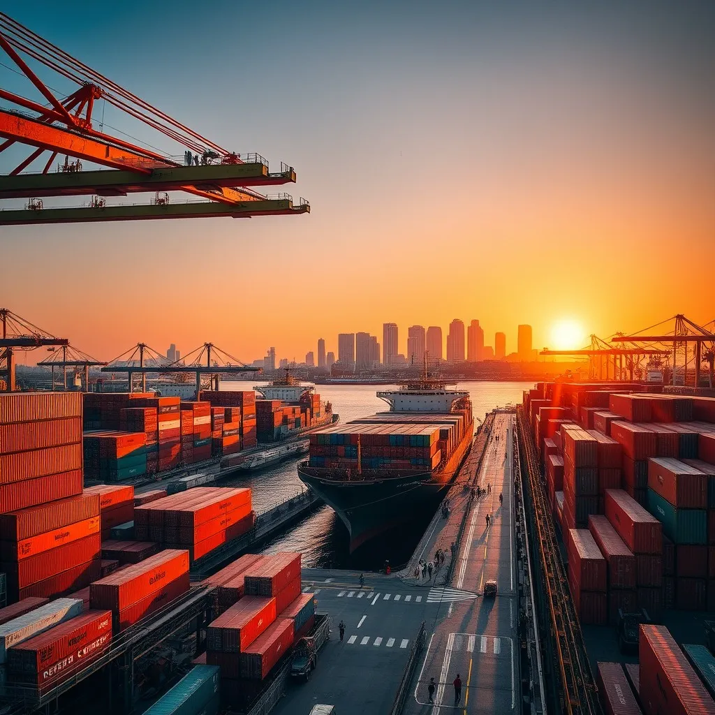 A bustling port scene at Ningbo, Zhejiang province, during the golden hour just before sunset