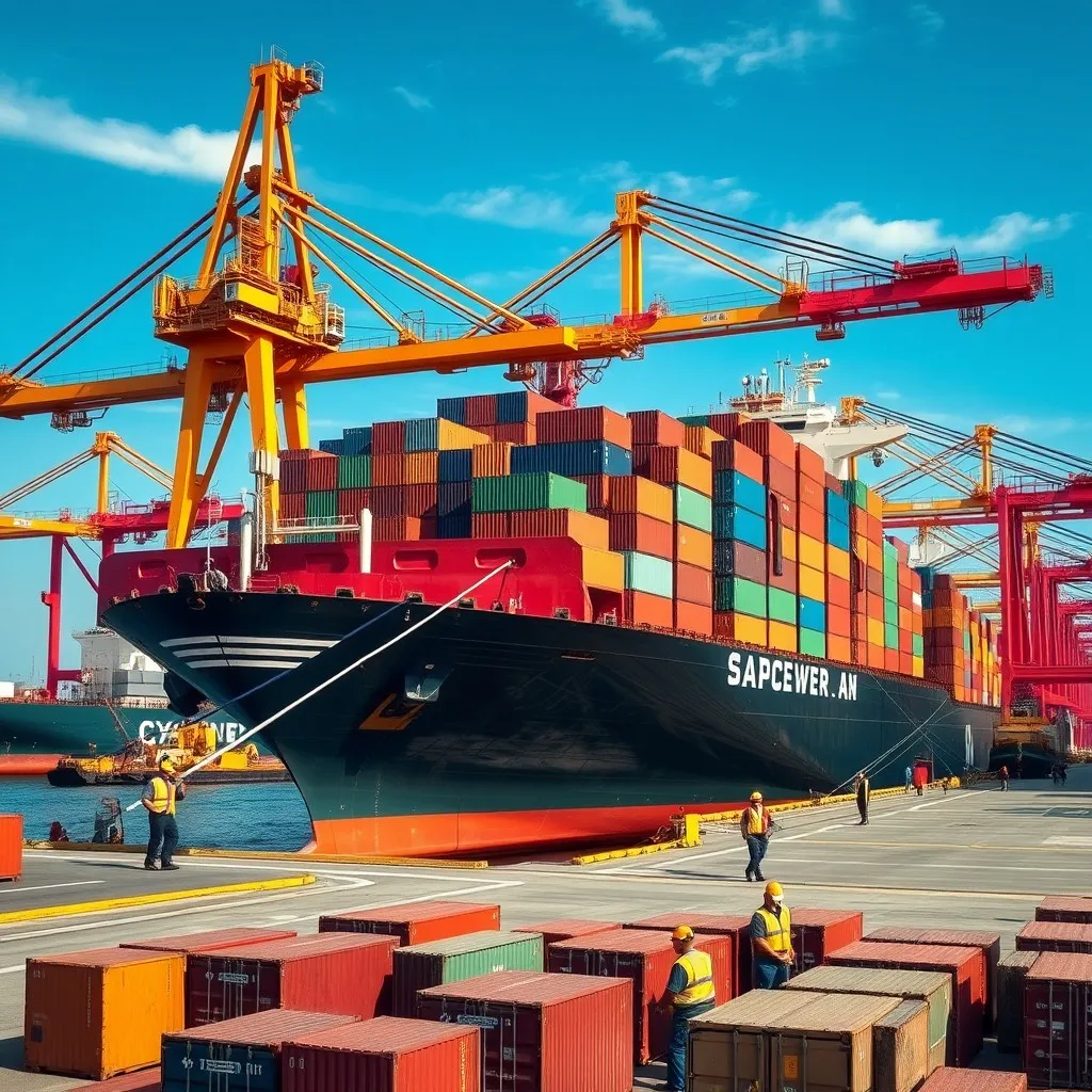 A bustling port scene depicting a large cargo ship loaded with colorful shipping containers, docked at a modern terminal in China. The ship is surrounded by cranes lifting containers