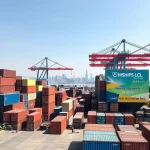 A bustling shipping yard in Shenzhen with cargo containers stacked high