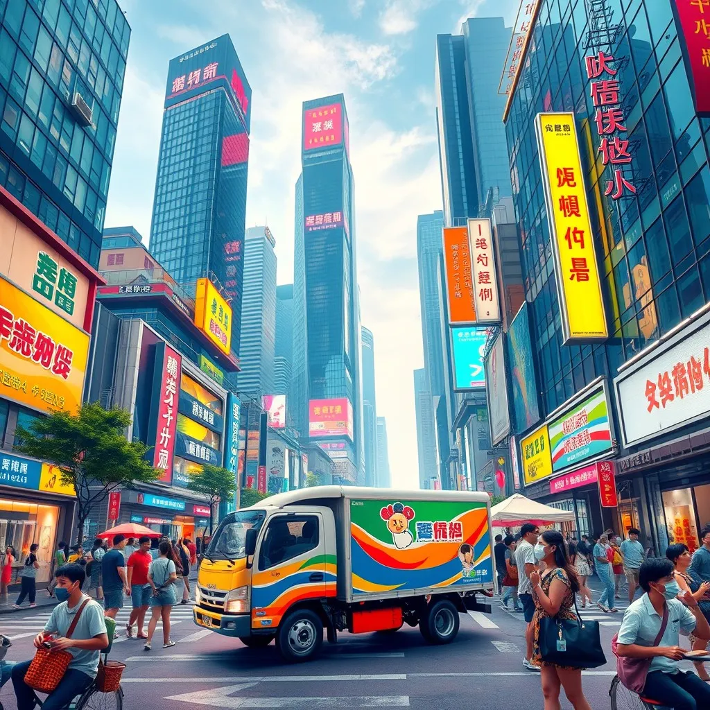 A bustling urban scene in a modern Chinese city, showcasing a vibrant pickup and delivery service