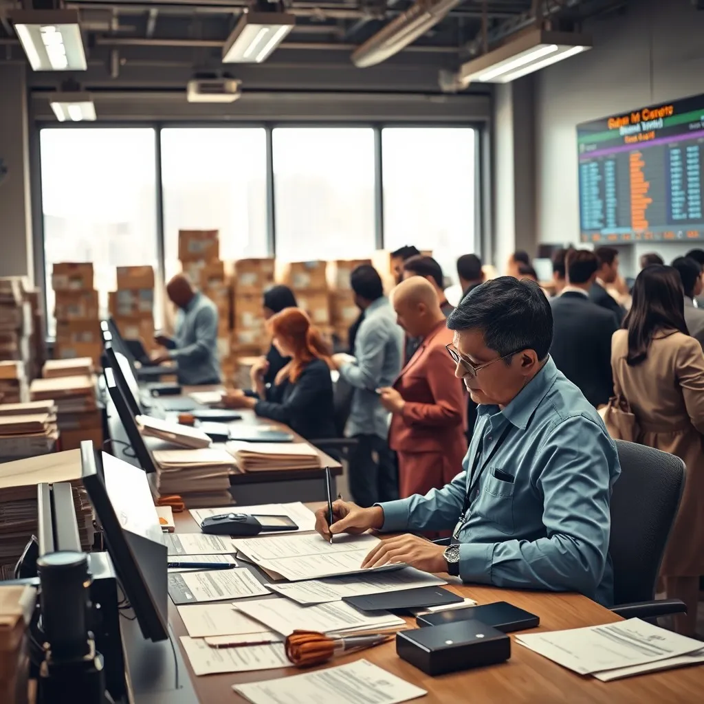 A busy customs clearance office filled with diverse professionals in action