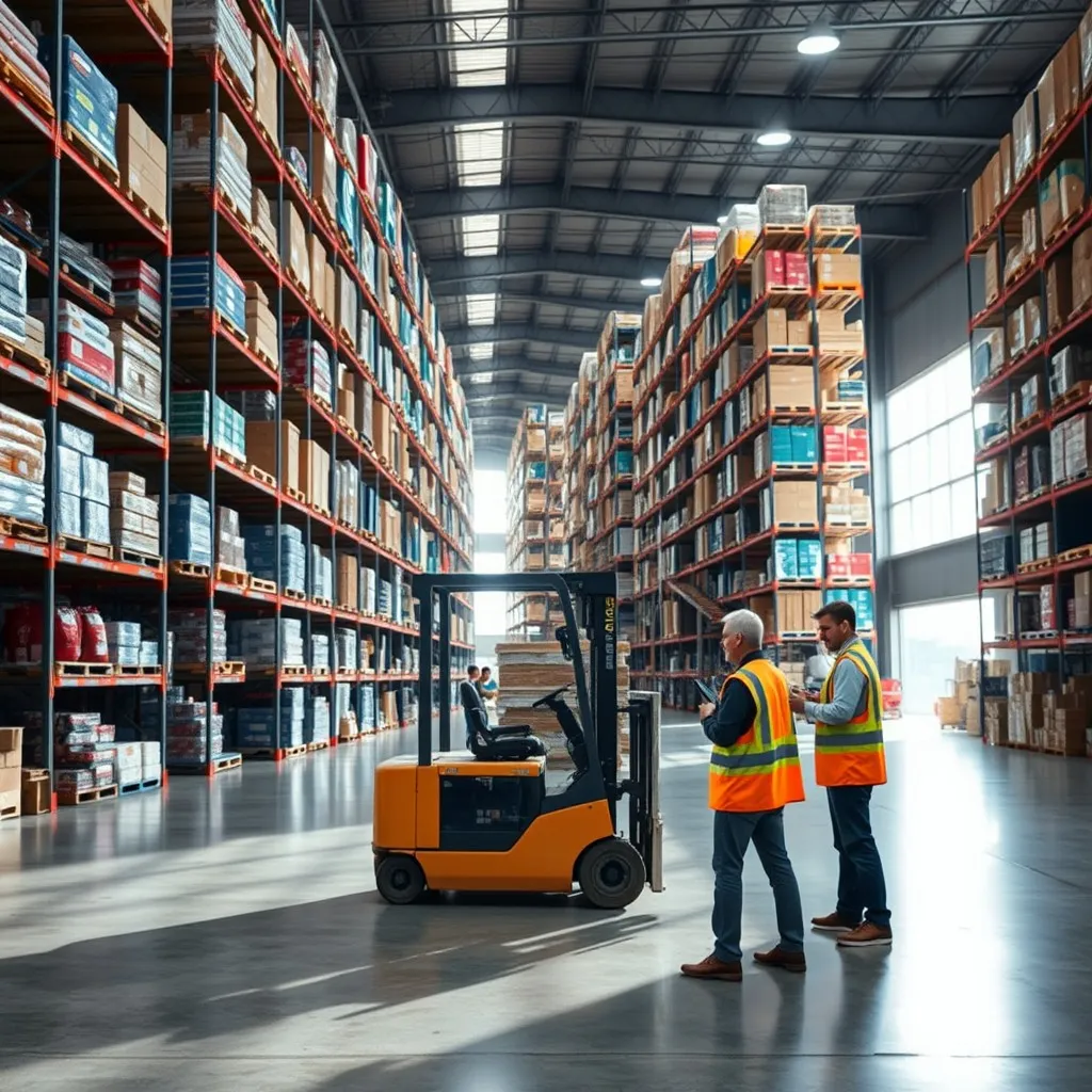 A spacious, well-organized warehousing facility filled with neatly stacked pallets of goods