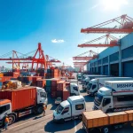 A vibrant, realistic image showcasing a busy shipping port in Guangzhou