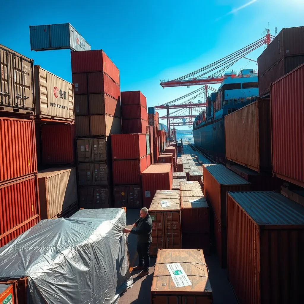 China, filled with large cargo containers stacked high. In the foreground, a worker inspects a package