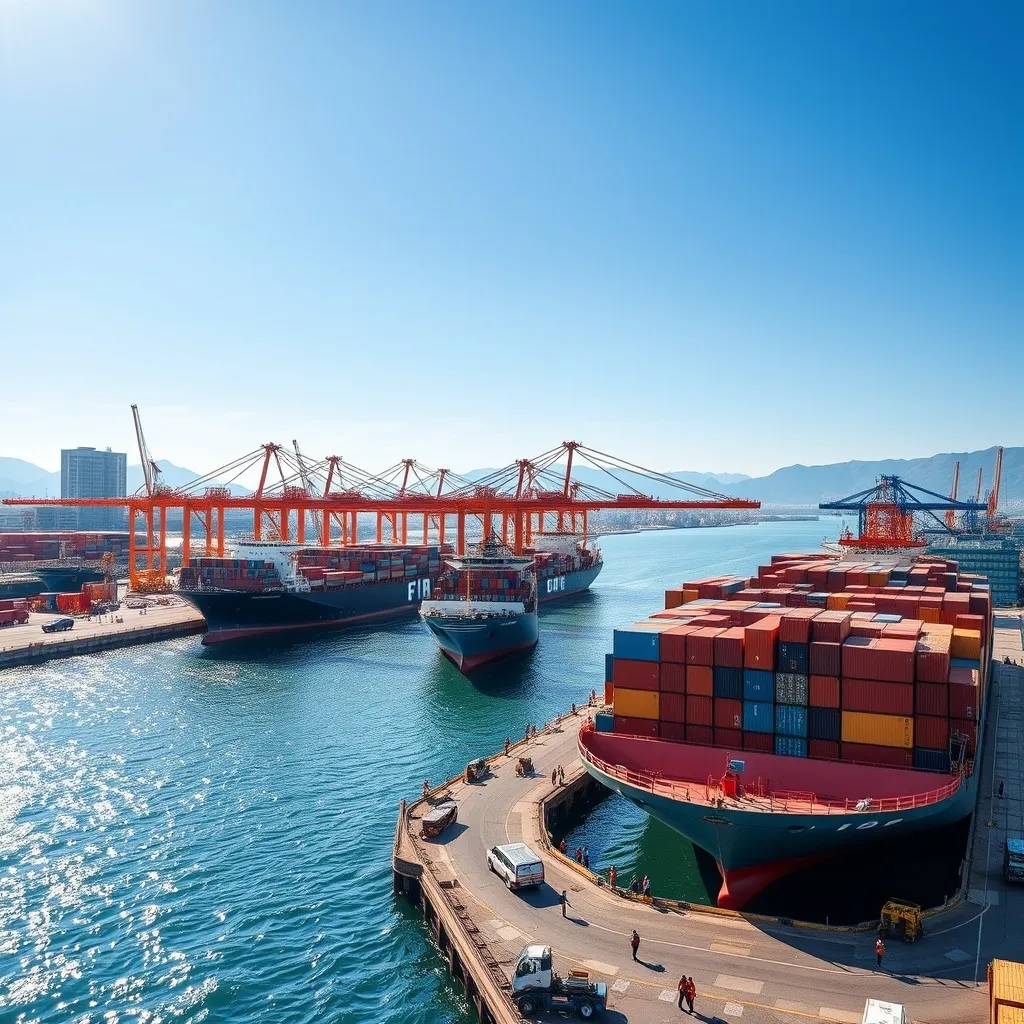 Dalian port scene under clear blue skies large cargo ships docked at the harbor, with containers stacked in vibrant colors