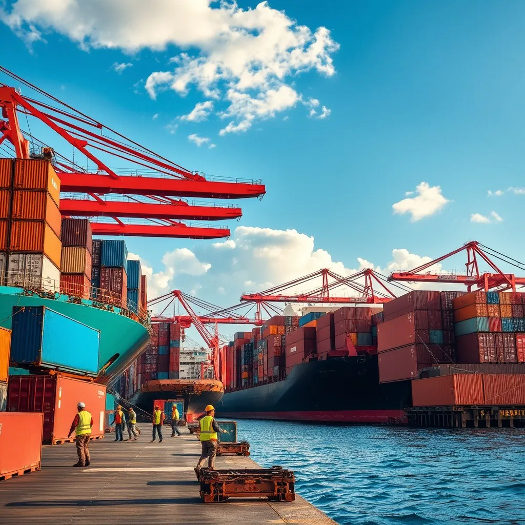 Dalian, the largest multi-purpose port in Northeast China, with large cargo ships docked and containers stacked high in vibrant colors