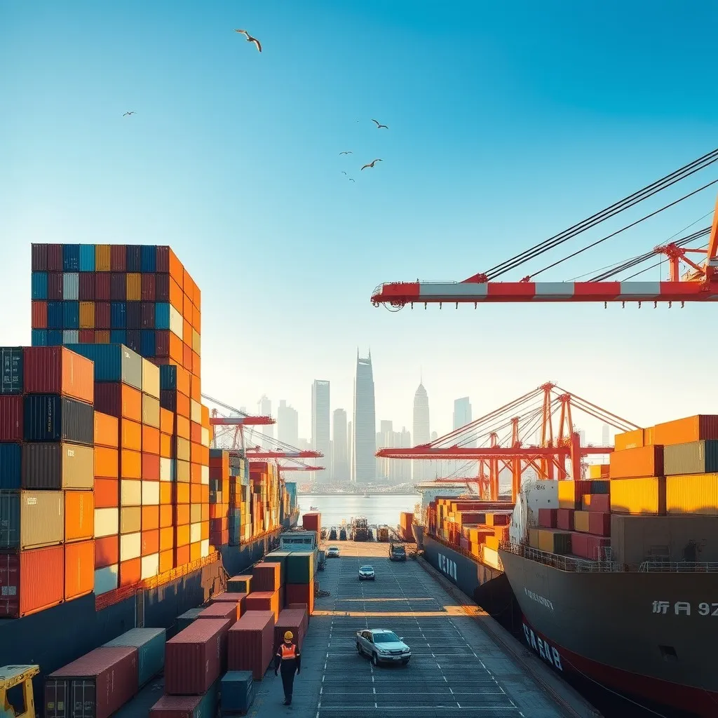 Ningbo port bustling with activity. variety of cargo ships being loaded and unloaded, with colorful containers stacked high