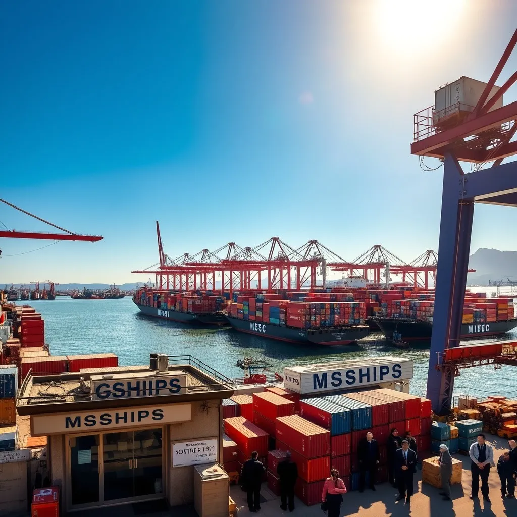 Qingdao, China, featuring a variety of cargo ships docked at the harbor with containers stacked high in vibrant colors