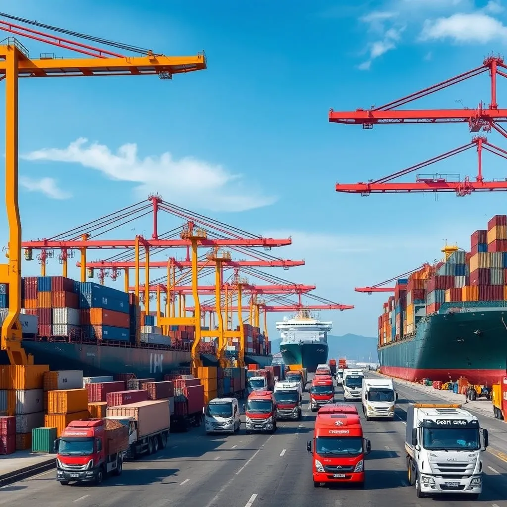 Shenzhen port container ships being loaded and unloaded with cranes in action