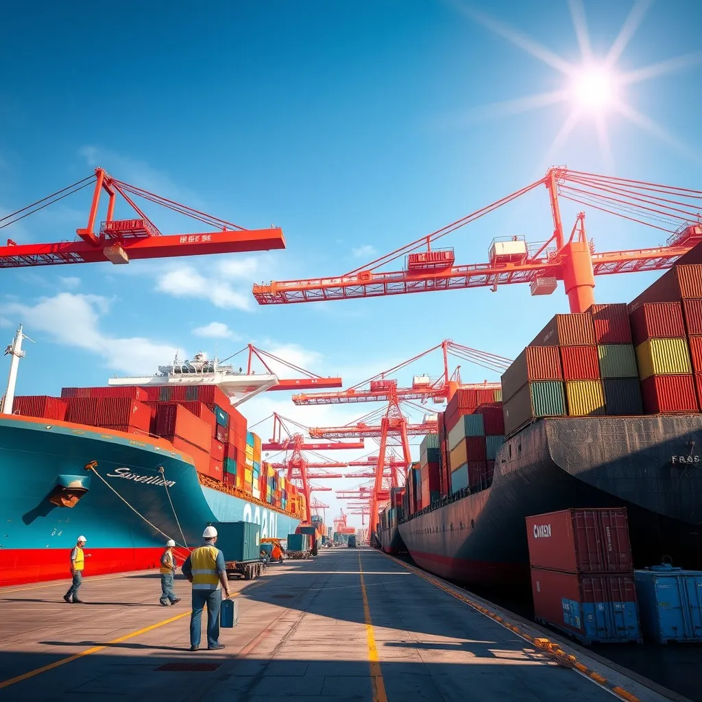 Xiamen large cargo ships at the dock, with containers stacked high, reflecting vibrant colors