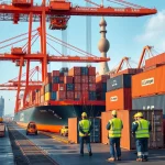 a bustling Shanghai shipping port featuring LCL Shipping containers