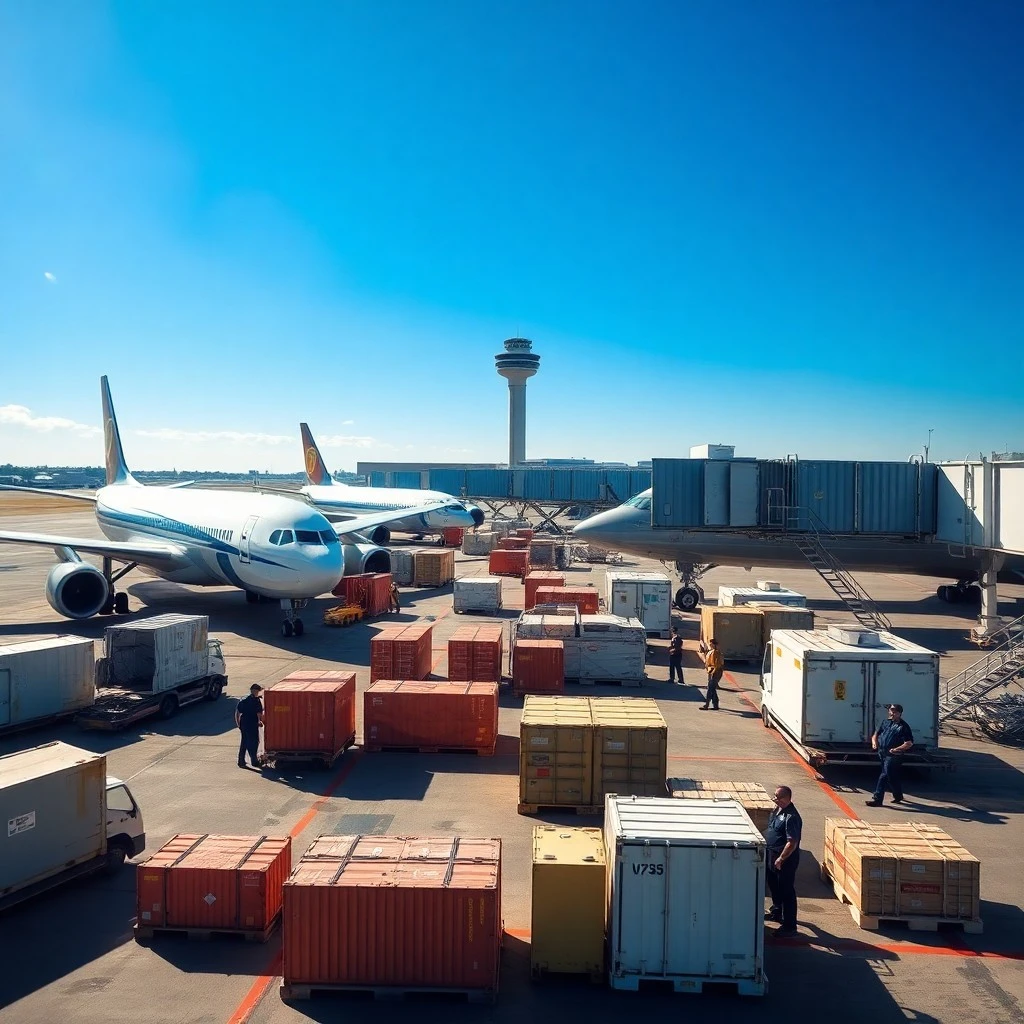 a bustling air freight terminal multiple cargo planes on the tarmac, surrounded by containers and pallets waiting to be loaded