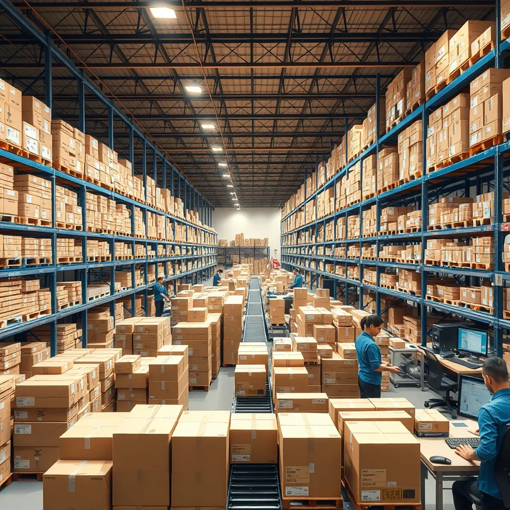 a bustling e-commerce logistics center. Showcase a spacious warehouse filled with neatly organized shelves stacked with various packages