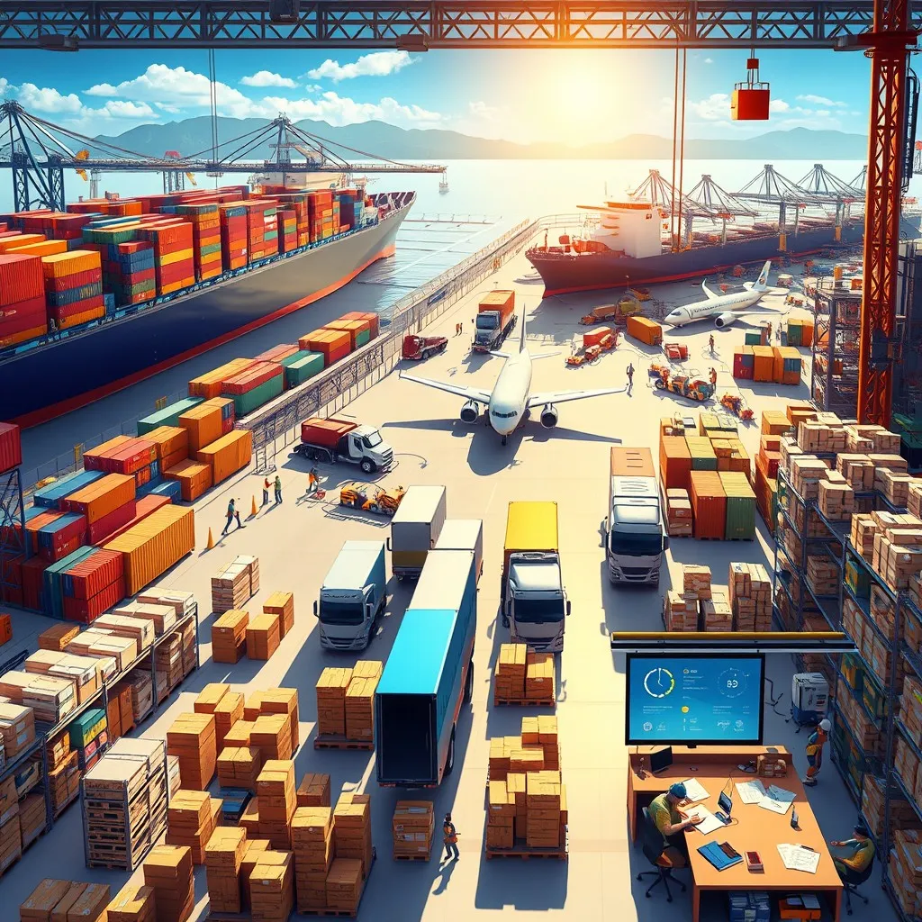 a bustling logistics hub in China. Show a large seaport with vibrant colors of shipping containers stacked high on container ships being loaded and unloaded