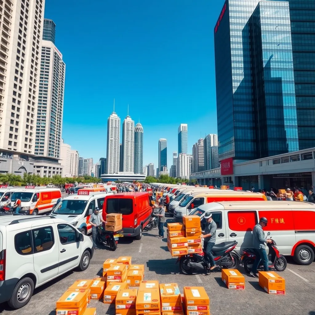 a bustling logistics hub. In the foreground, a variety of delivery vehicles, including vans and motorcycles, are parked and loading packages, with delivery personnel in uniforms working efficiently