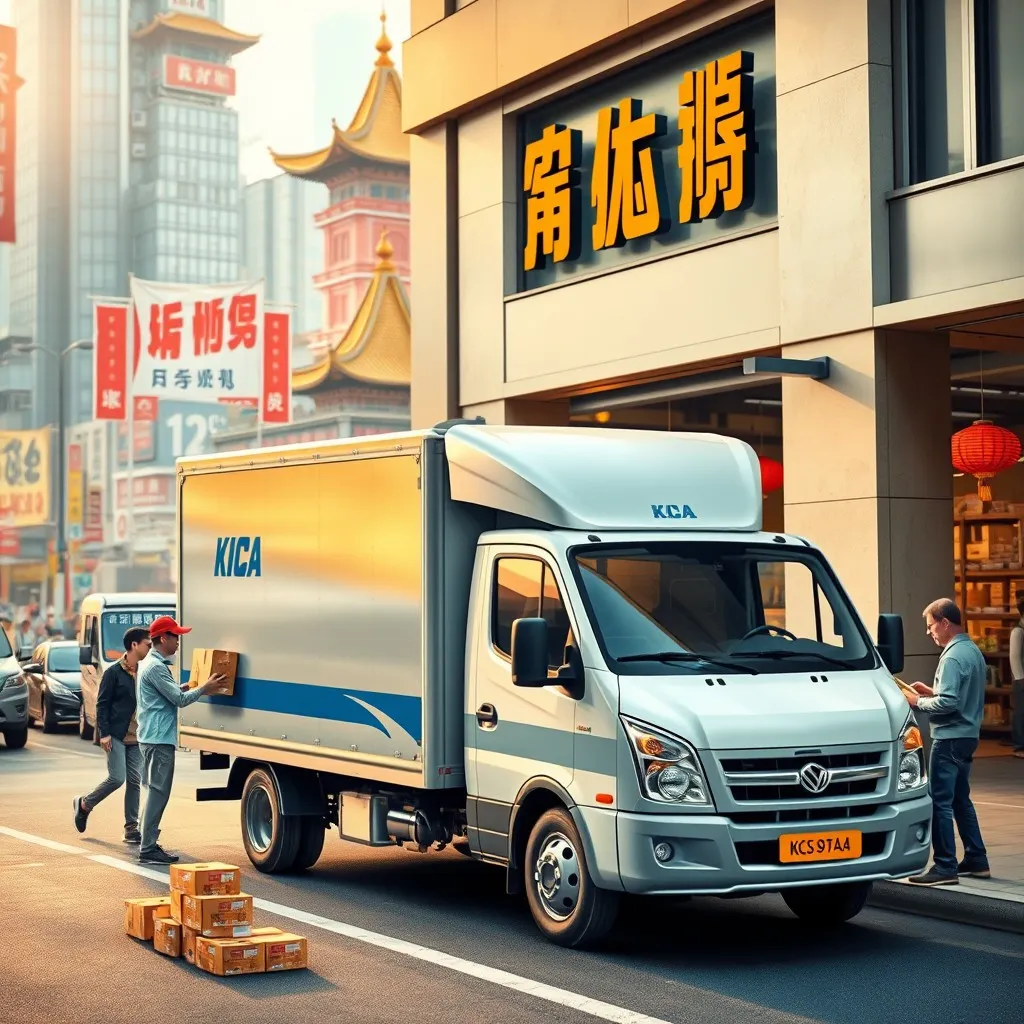 a bustling pickup and delivery service in a busy urban environment in China