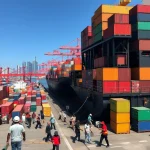 a bustling port in Guangzhou, China, with large cargo ships loading and unloading containers