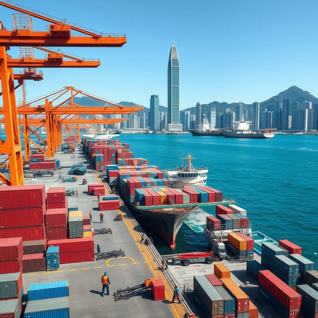 a bustling shipping port in Hong Kong during the daytime. The scene should feature large cargo ships unloading containers at the docks, with workers in safety gear actively moving goods