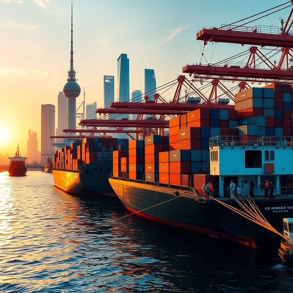 a bustling shipping port in Shanghai during the golden hour