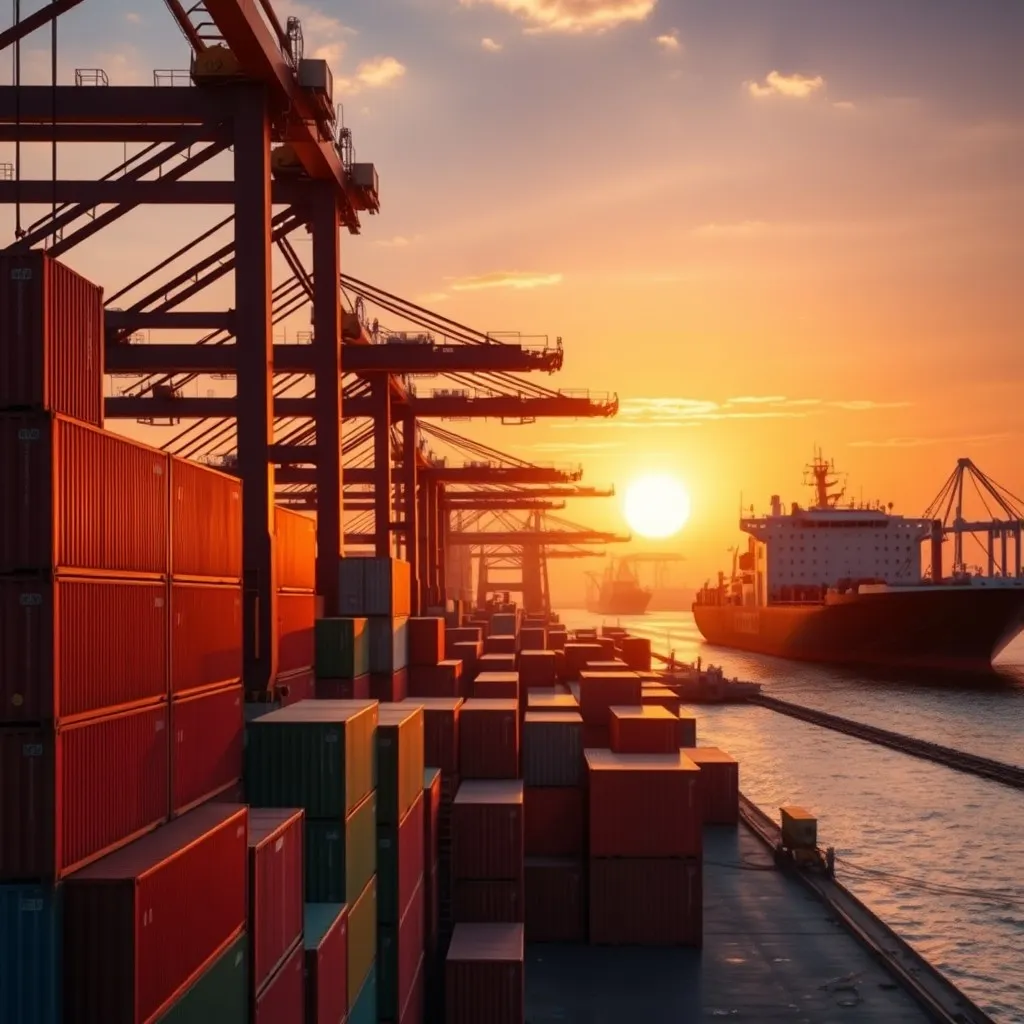 a bustling shipping port scene at DDP Ningbo-Zhoushan during the golden hour of sunset