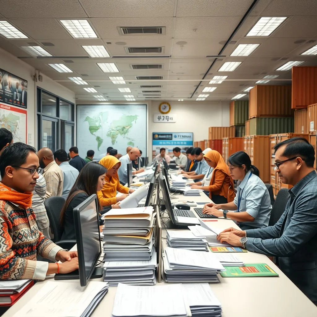 a busy customs clearance office with agents processing paperwork and helping clients