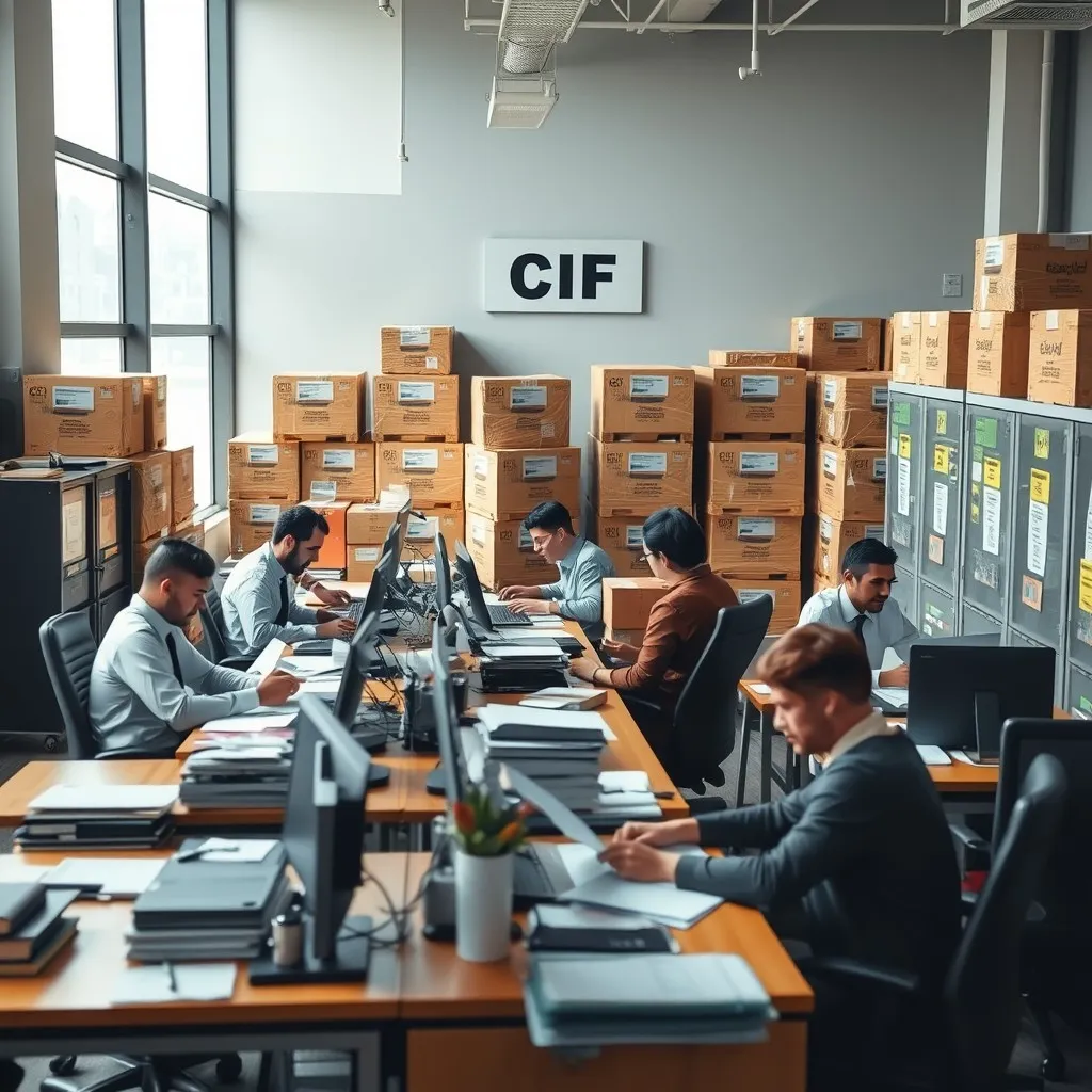 a busy customs clearance office. Include a diverse team of professionals working diligently at desks filled with paperwork