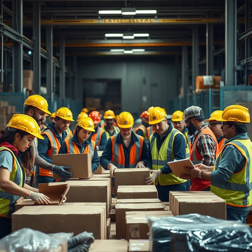 a busy factory setting where a diverse group of workers in safety gear are safely packaging and loading various items