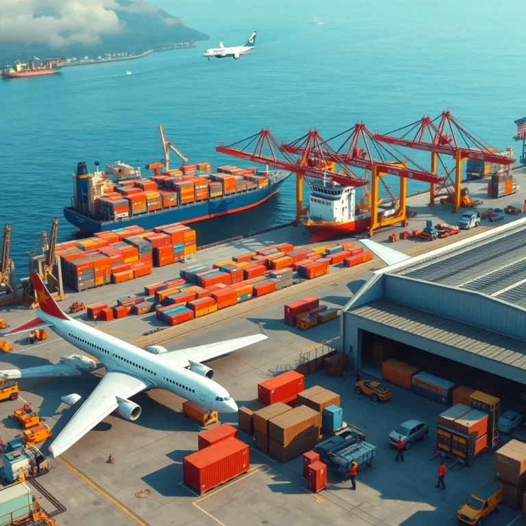 a busy freight shipping yard in China both air and sea freight services