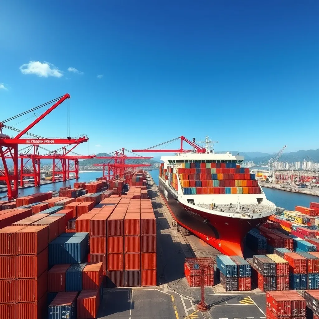 a busy sea freight operation at a Chinese port. Showcase large cargo ships loading and unloading containers under a clear blue sky