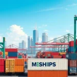 a busy shipping port in Guangzhou with cargo containers, cranes in action, and MSSHIPS