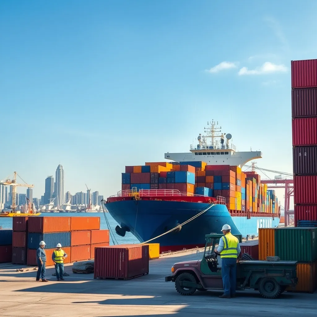 a busy shipping port in Qingdao during the day. Showcase a large cargo ship docked at the port