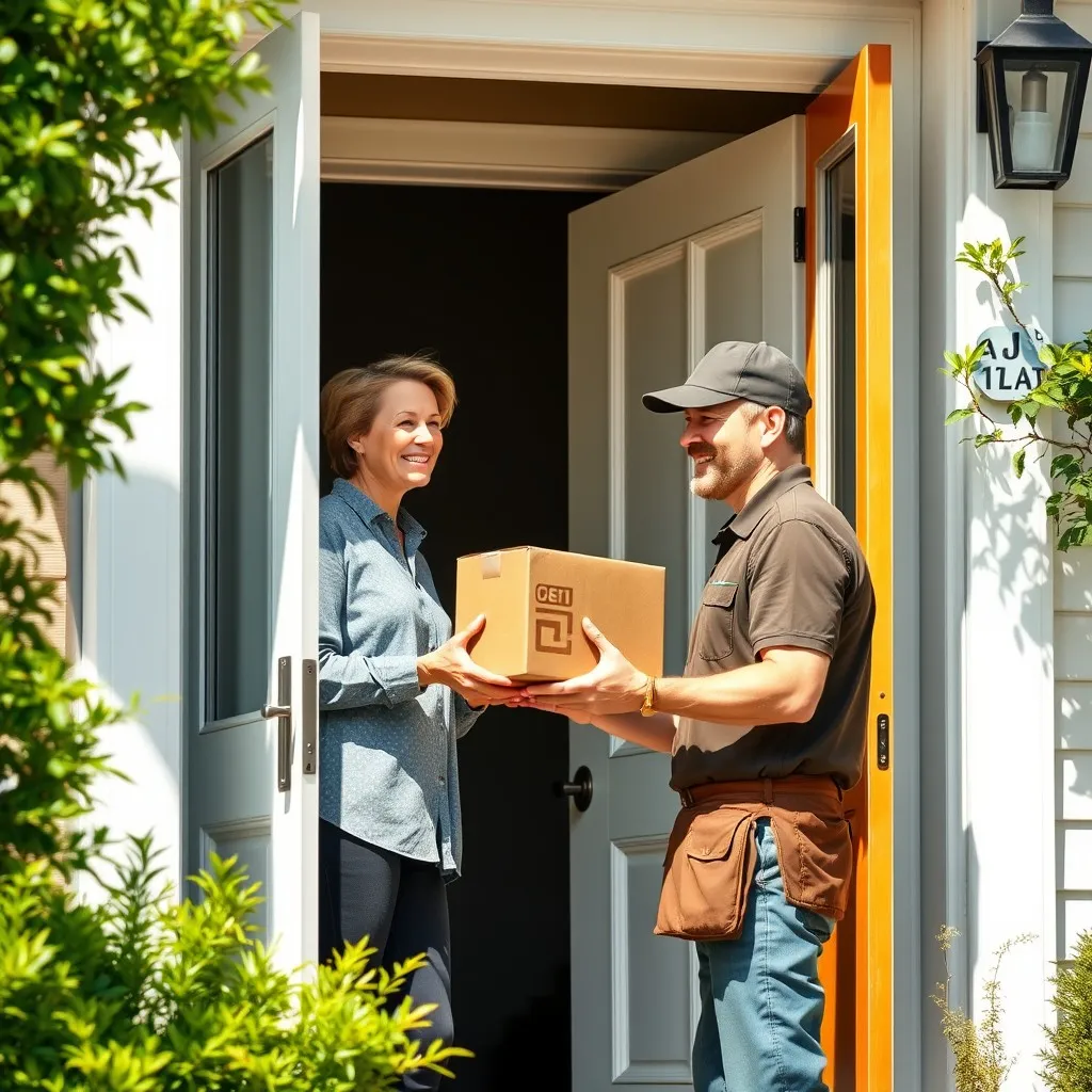 a delivery scene at a modern home. The front door is open, revealing a smiling person receiving a package from a delivery driver in uniform