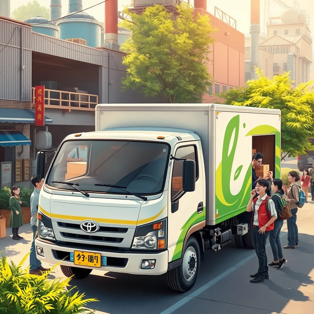 a fuel-efficient pickup truck service in China. Show a modern, eco-friendly truck parked at a factory