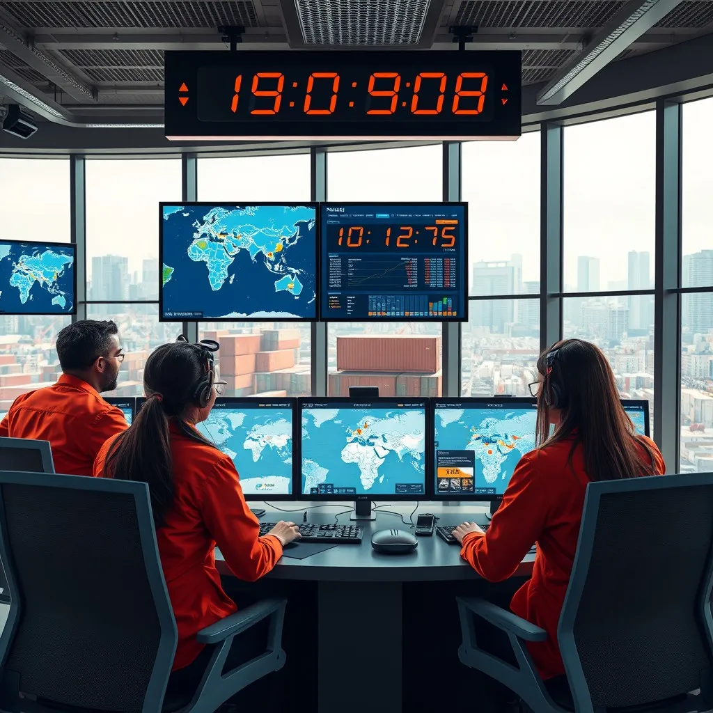 a high-tech logistics control room, where a diverse team of professionals monitors real-time tracking services for shipments