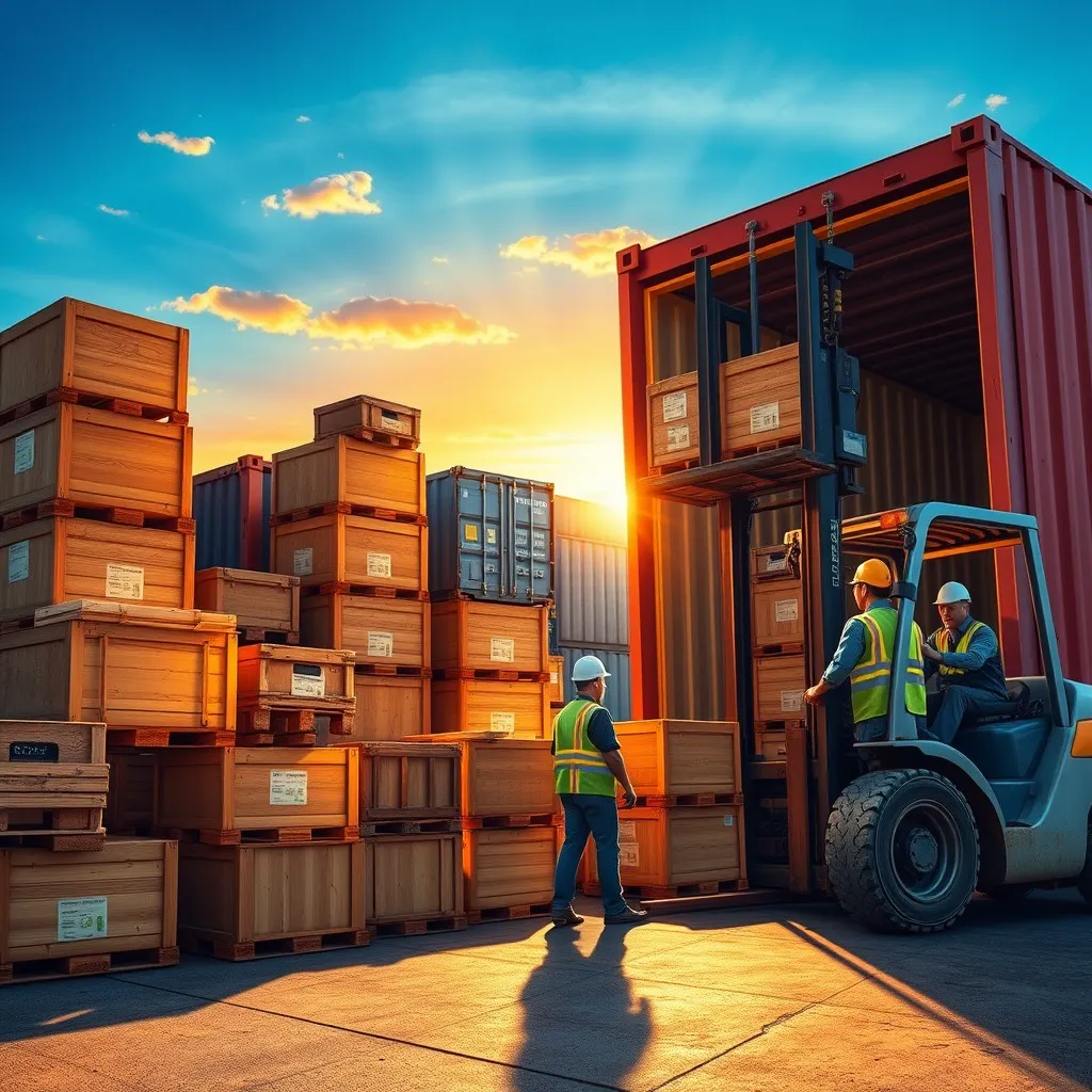 a loading dock scene workers carefully packaging and loading various items into a large shipping container