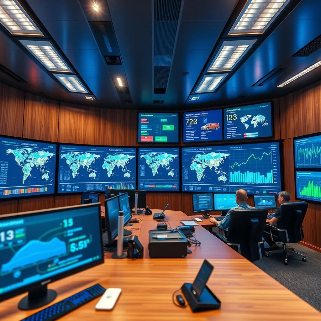 a modern logistics control room showcasing a real-time tracking system