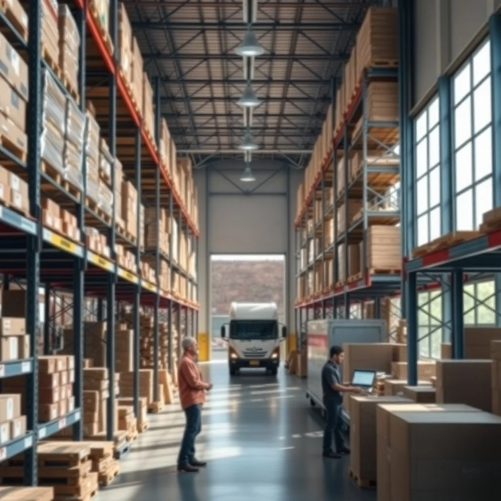 a modern warehouse interior showcasing a robust Warehouse Management System (WMS) in action