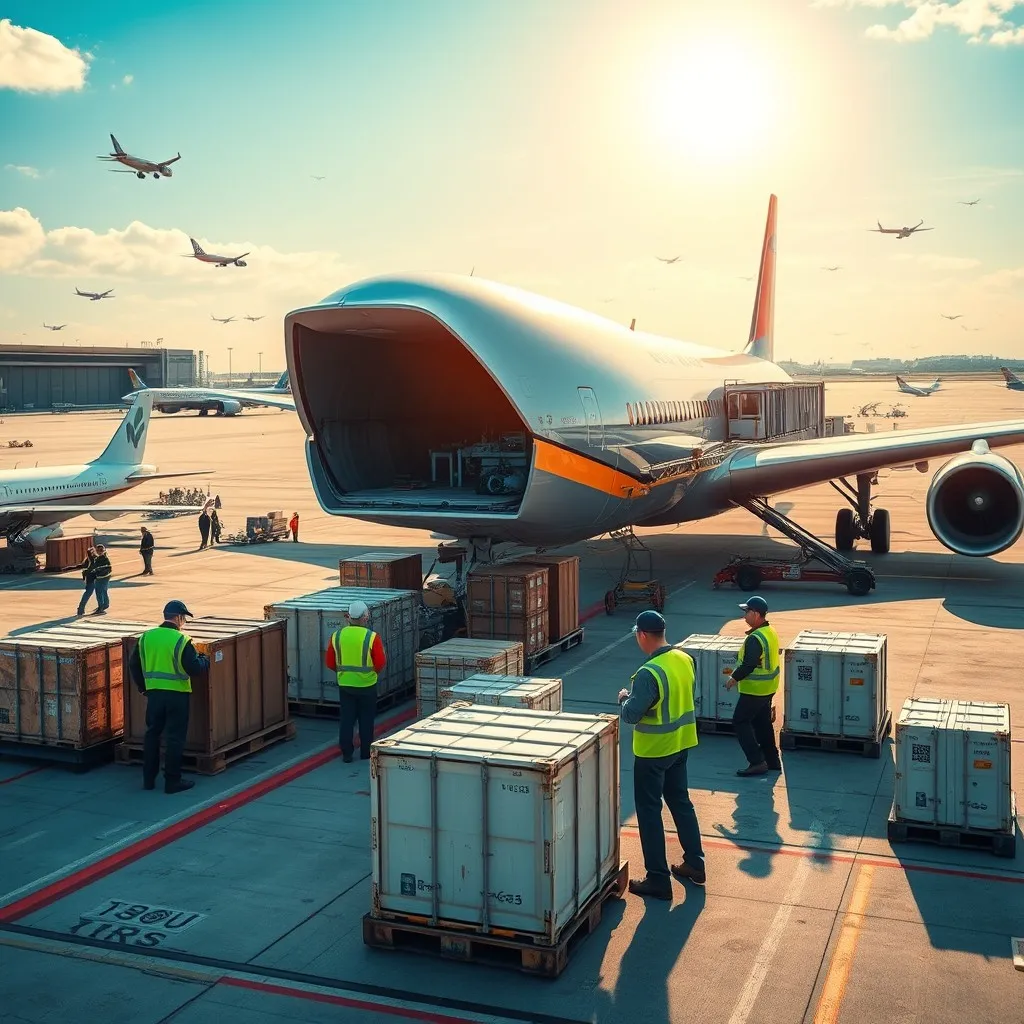 air freight cargo scene at a bustling airport in China. Showcase a large cargo airplane on the tarmac, with crates and pallets being loaded by workers in safety vests