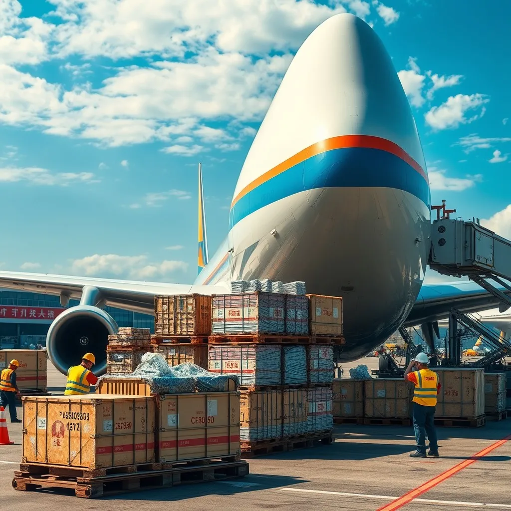 an air freight operation at a bustling airport in China. Showcase a large cargo airplane being loaded with crates and pallets