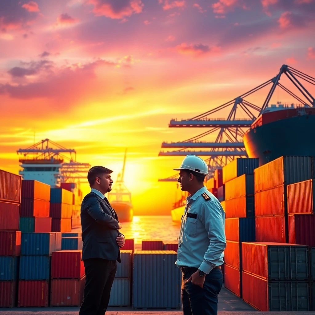 argo containers stacked neatly a shipping insurance representative discusses coverage details with a ship captain