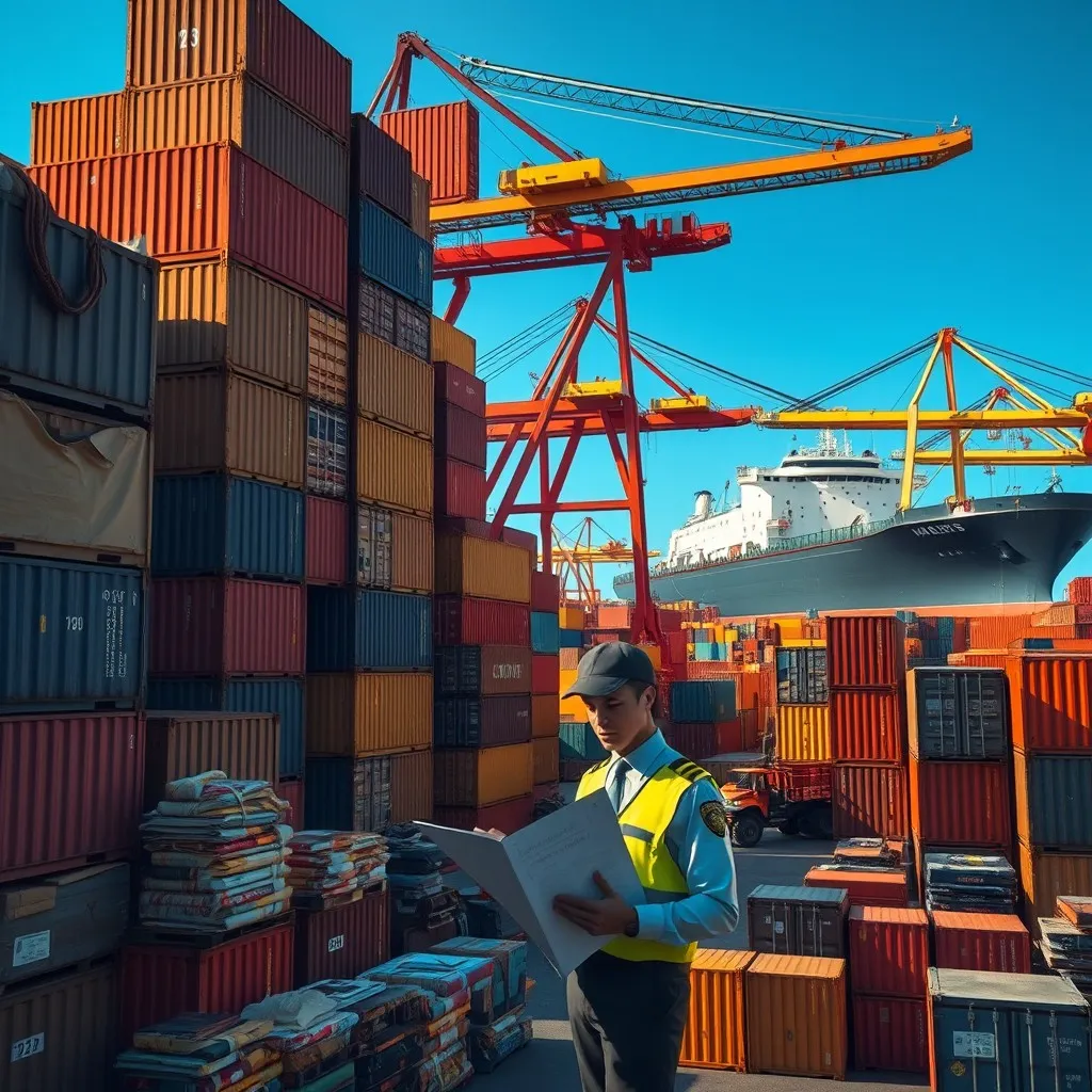 busy customs clearance area at a shipping port. Include a variety of cargo containers stacked