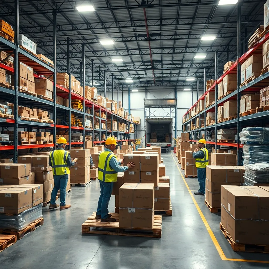 busy warehouse interior where products are being securely packaged and loaded