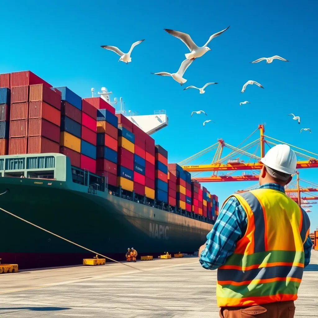 depicting a cargo ship docked at a bustling port. The ship is filled with colorful shipping containers stacked high