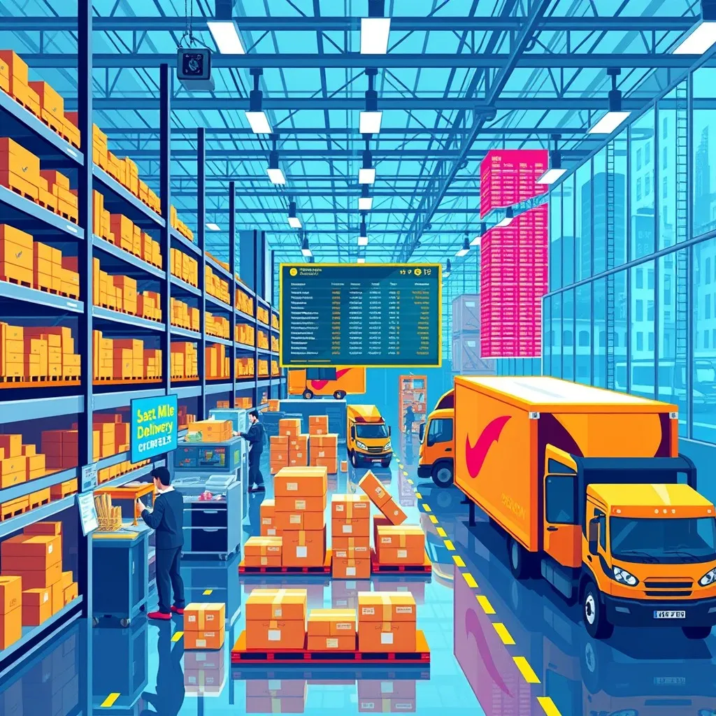 e-commerce fulfillment center with workers processing orders, packaging items, and loading delivery trucks