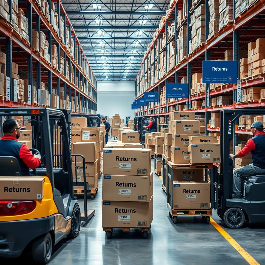 e-commerce fulfillment center with workers processing orders, packaging items