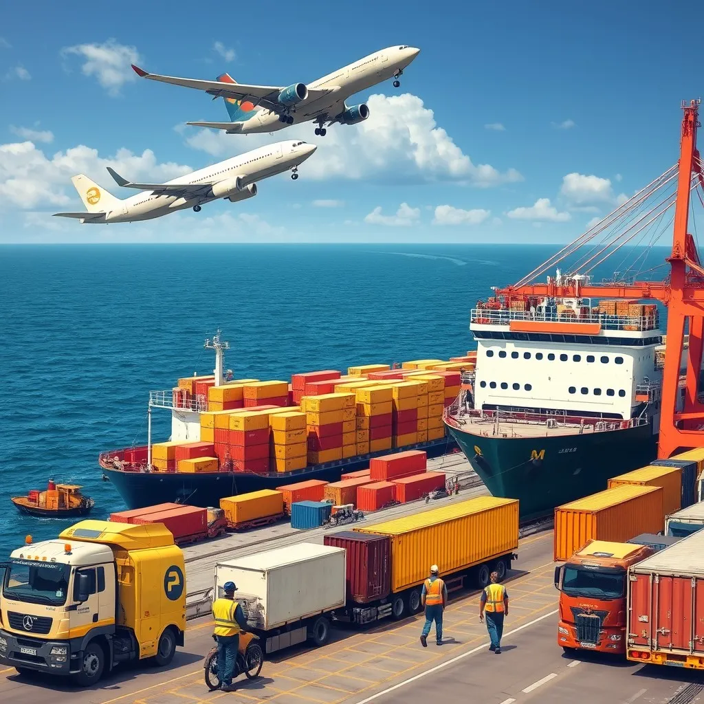 image of a busy freight forwarding scene. Depict a large cargo ship docked at a bustling port, surrounded by towering cranes loading and unloading containers