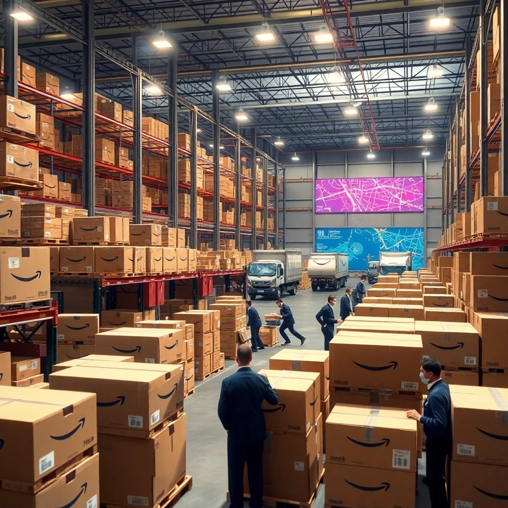 logistics hub focused on shipping to Amazon FBA large warehouse filled with neatly stacked boxes labeled with Amazon logos