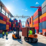 logistics hub in China modern shipping warehouse filled with large neatly stacked containers in various colors