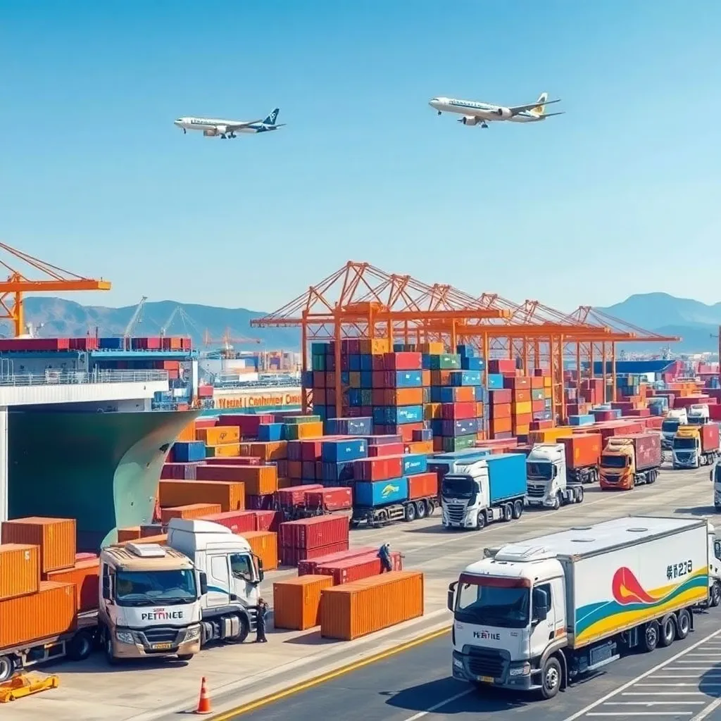 logistics hub in China transport vehicles including cargo ships trucks and planes all working in harmony to move goods