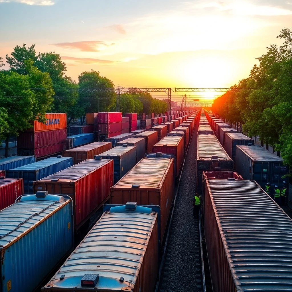 railway freight yard at dawn freight trains loaded with colorful shipping containers